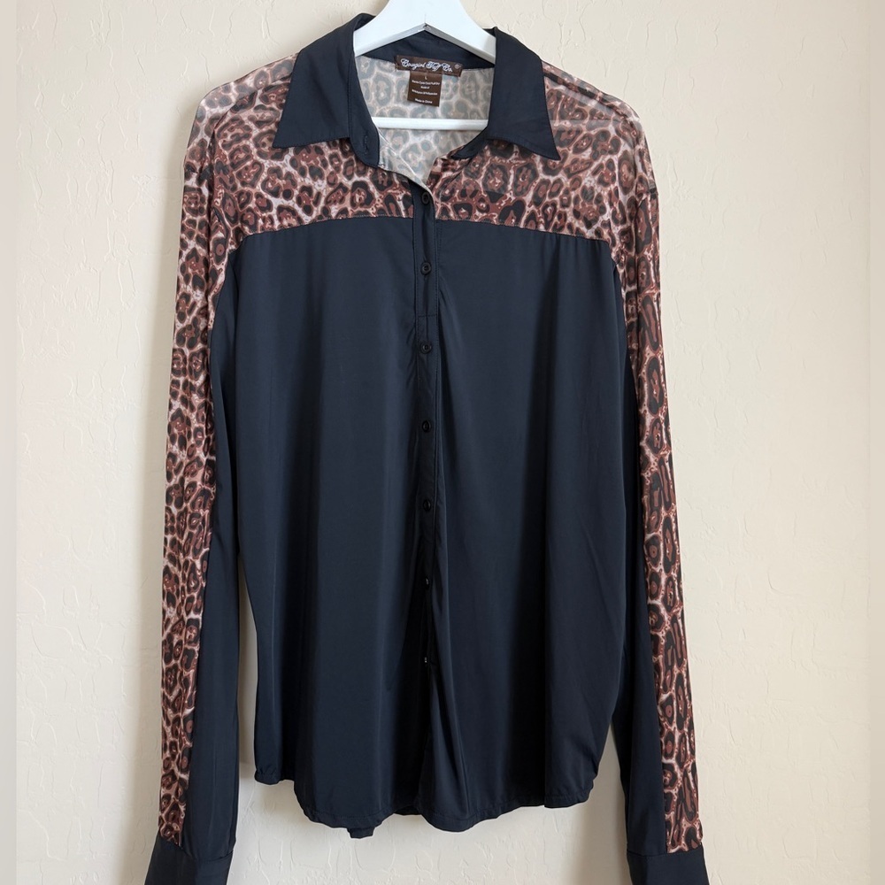 Cowgirl Tuff Black Button-Down Shirt with Brown Leopard Yoke & Sleeves